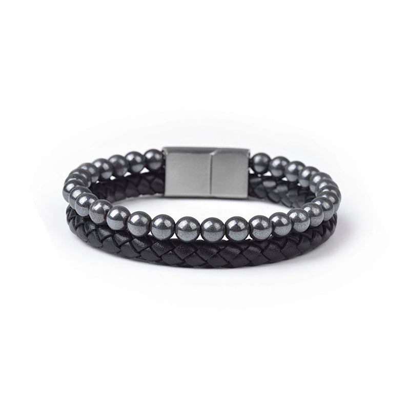Hematite and Leather Men's Double Layer Bracelet