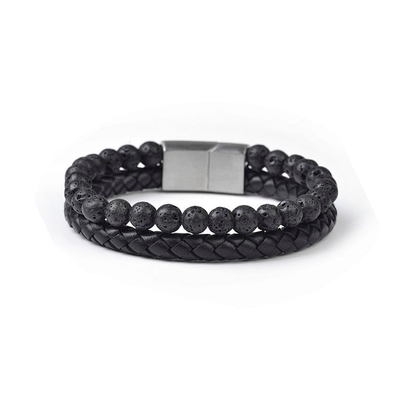 Lava Stone and Leather Men's Double Layer Bracelet