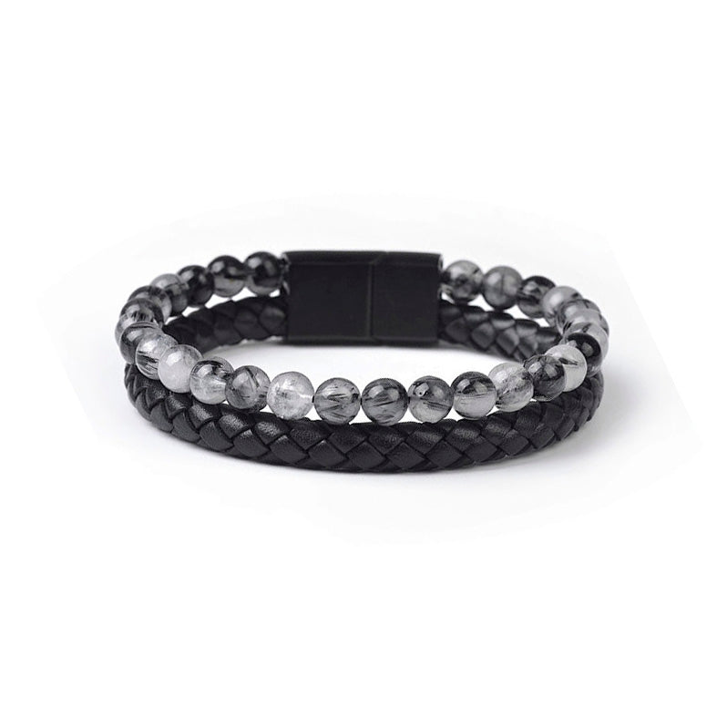 Tourmaline Quartz and Leather Men's Double Layer Bracelet
