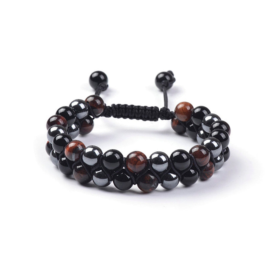 Red Tiger's Eye, Obsidian and Hematite Men's Double Layer Bracelet