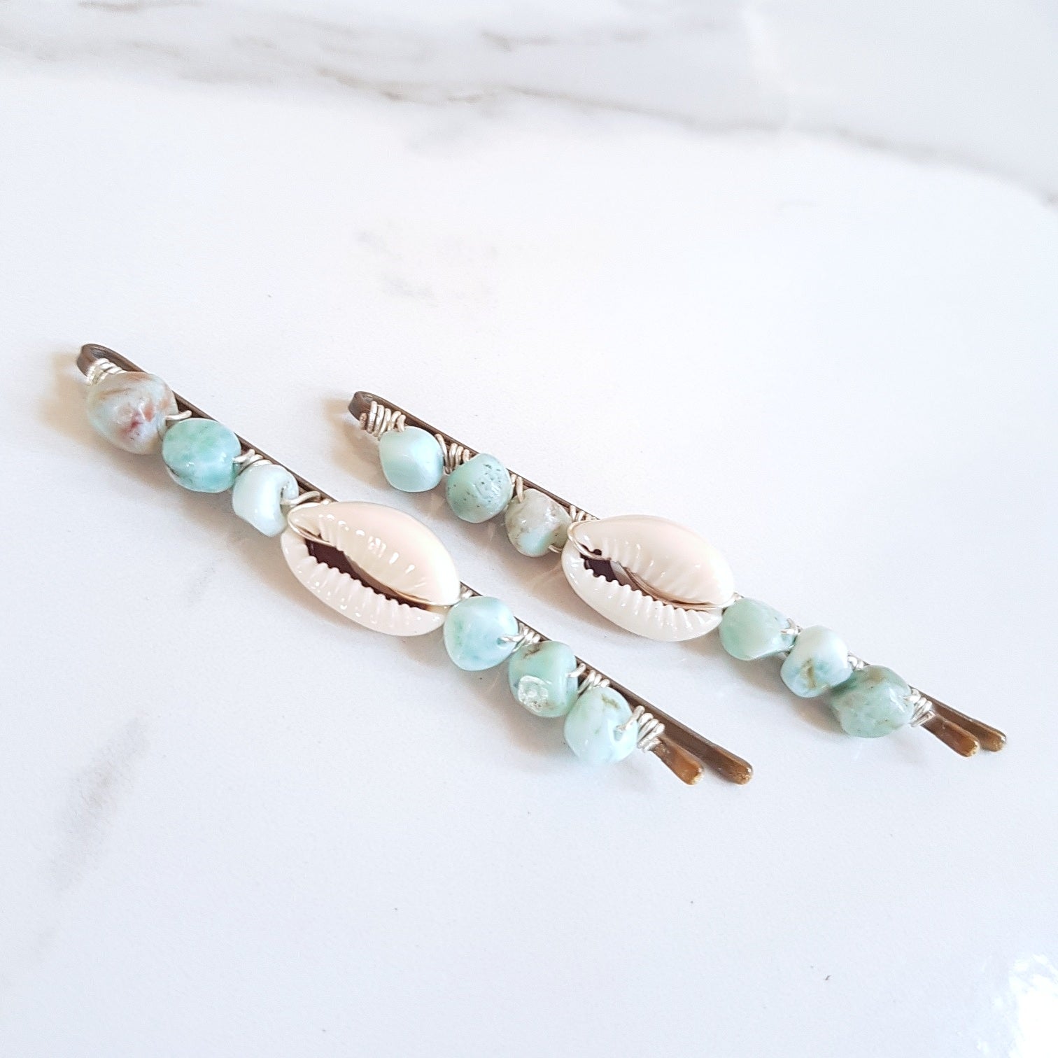 Gemstone Hair Clips - Cowrie Shell & Larimar