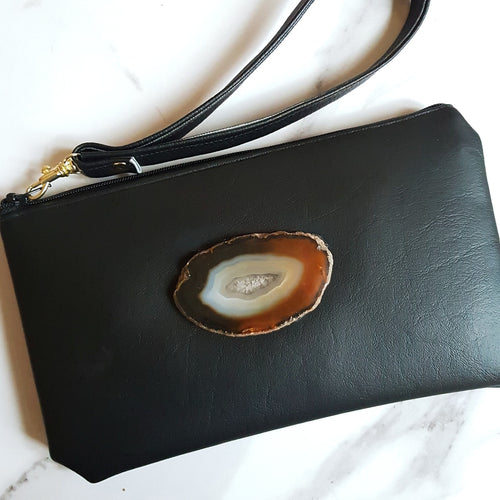 Black Wristlet Bag with Agate Slice
