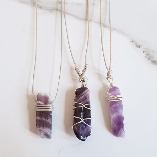 Natural Cord Pendant Necklaces - Amethyst