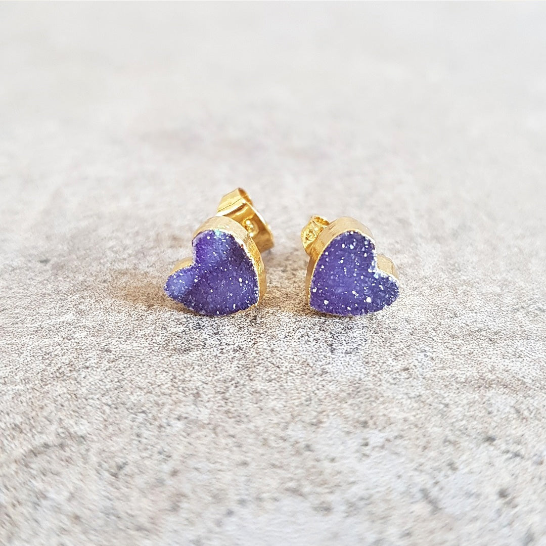 Heart Studs - Druzy Quartz