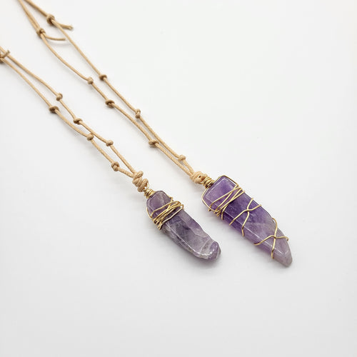 Natural Cord Pendant Necklaces - Amethyst