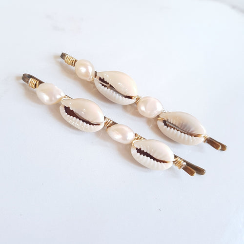 Gemstone Hair Clips - Cowrie Shell & Freshwater Pearl