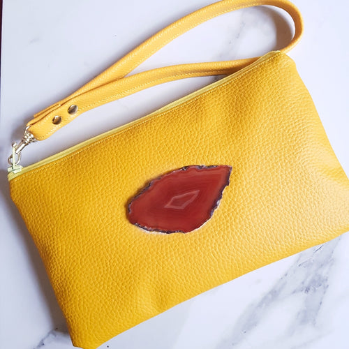 Yellow Wristlet Bag with Agate Slice