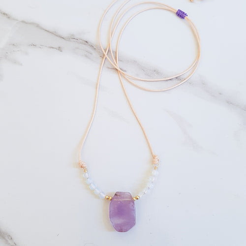 Natural Cord Collar Pendant Necklace - Amethyst