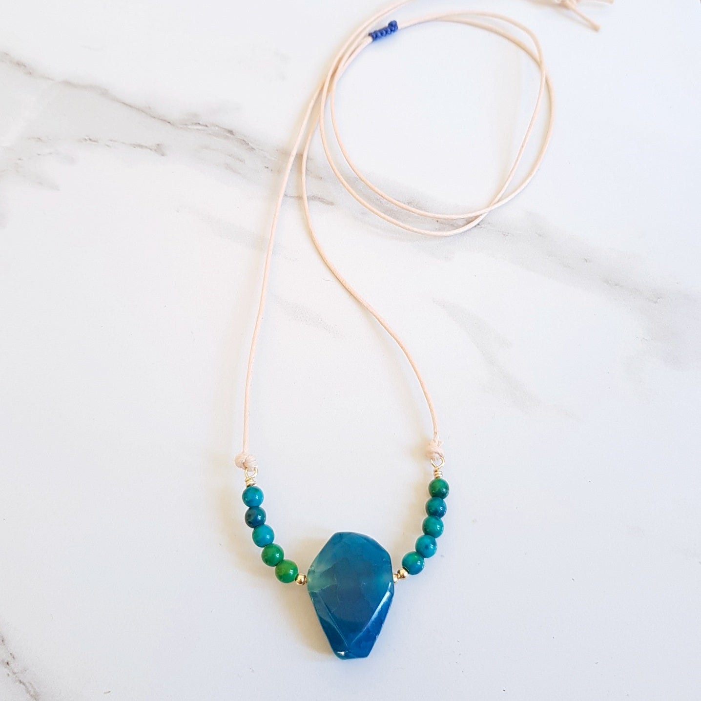 Natural Cord Collar Pendant Necklace -  Blue Agate